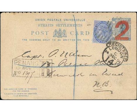 1891 "2" on 3c Reply card (outward half), very large surcharge in red, registered from Penang to Capt P. Nelson in Scotland f
