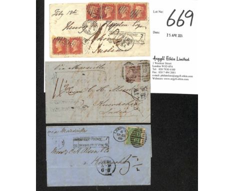1868-69 Covers via Marseille with "DEFICIENT POSTAGE / BRITISH SHARE OF FINE 4½", all charged the deficiency + 9d, boxed hand
