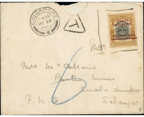 1907 (May 22) Cover from Singapore to Kuala Lumpur bearing 4c surcharge on Labuan 18c, the overprint 13½mm high (the usual ov