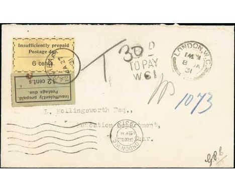 1931 (Jan 8) Stampless cover from London to L. Hollingworth in Zanzibar with "3D / TO PAY / W.C.1" dues applied in error, man