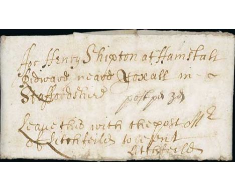 1661 (Jan 24) Entire letter from Earl Clare, written from Drury Lane in London, addressed "for Henry Shipton at Hamstall Ridw