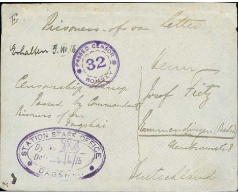 Dagshai. 1916 Printed Ahmednagar Camp P.O.W postcard with the camp name changed to Dagshai in manuscript, handstamped fancy f