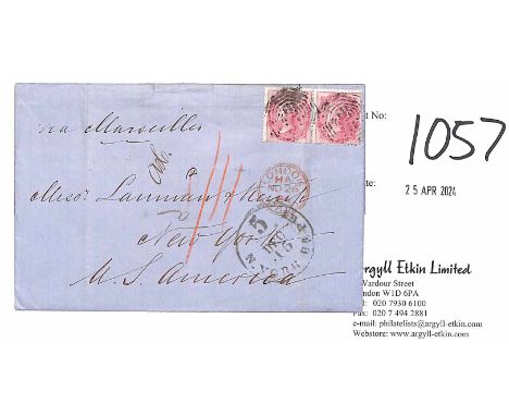 1864 (Oct 21) Entire letter to New York franked 8a carmine pair each cancelled octagonal "B/172", red London Paid (Nov 26) an