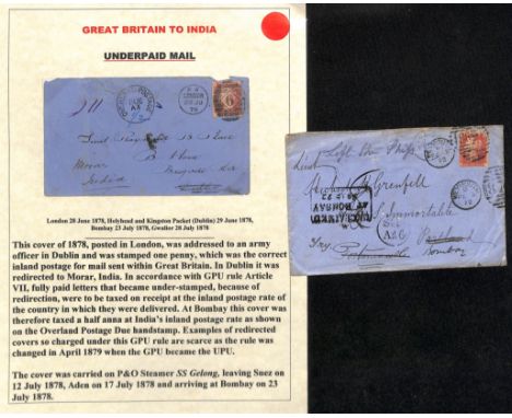 1872-78 Covers sent within G.B, to army or naval officers correctly franked 1d, then redirected to India, the 1872 cover to H