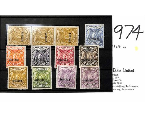 1897 1r - 50r Set of eight, also additional 10r vertical strip of three and 50r with reversed watermark, all overprinted "SPE