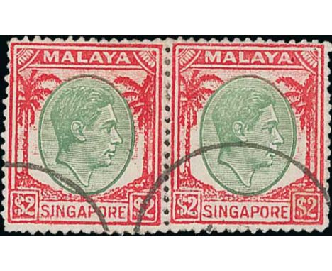 1948 $2 Perf 14 Postal Forgery, horizontal pair used, light crease to right stamp, otherwise fine and scarce. Photo on Page 1