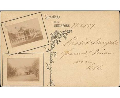 1897 3c Carmine postcard used to Germany, the reverse with printed "Greetings From Singapore" and a butterfly on a flower, tw