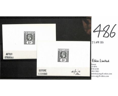 1918 1c and 3c Die Proofs in black on white glazed card, the 1c die I proof stamped "AFTER / STRIKING" and 3c die II proof st
