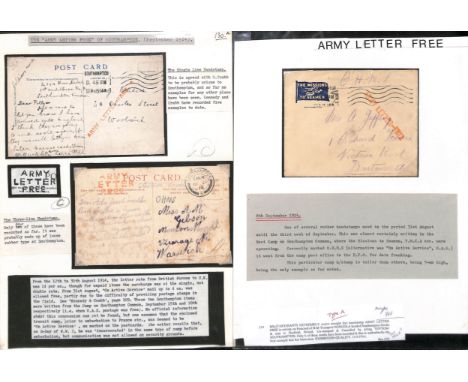 G.B - Southampton. 1914-16 Stampless covers and cards posted by troops at Southampton, two cards charged the single ½d defici