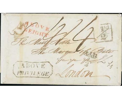 1826 (July 14) Entire from Edinburgh to The Marquis of Bute in London with black octagonal framed "ABOVE / PRIVILEGE" (EP2) a