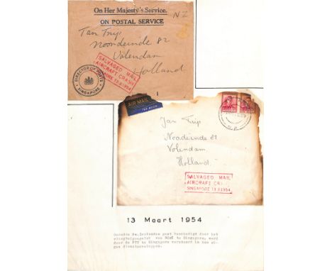 Netherlands - From New Zealand. 1954 (Mar. 9) Cover franked 1/-, enclosed within a "Director of Posts Singapore O.H.M.S. On P