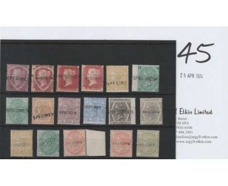 1864-80 Specimen stamps, the selection including 1864 1d red plate 146, 1867 9d straw, 1876 2½d rosy mauve plate 6, 1877 4d s