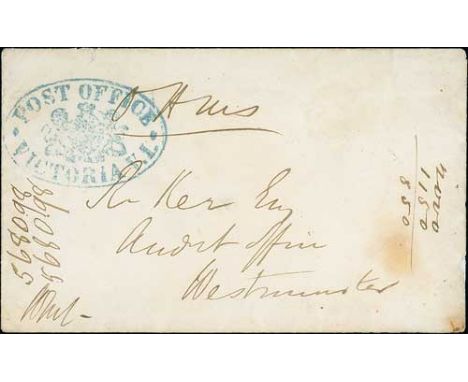 c.1870 Stampless cover headed "O.H.M.S", to "R. Kerr Esq., Audit Office, Westminster", with blue oval "POST OFFICE / (arms) /