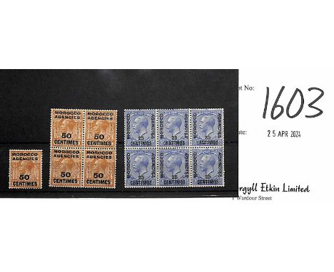 Spanish/French Currencies. 1925-31 Spanish Currency 25c on 2½d block of six, and 1925-34 French Currency 50c on 5d single and