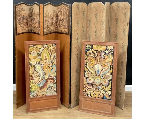 An early 20th century four-fold screen, 169cm high, each panel 39cm wide; another, 168.5cm high, each panel 38.5cm wide; a pa