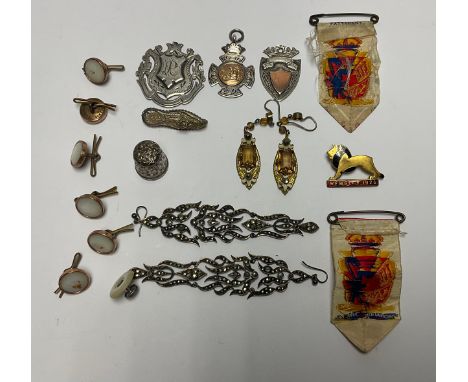 A silver and rose gold gardening award fob, Birmingham 1937, boxed; two other silver fobs, 25g; a pair of silver marcasite re