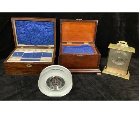 A Dartington glass circular mantel clock; an onyx mantel clock; a mahogany work box, fitted interior, outlined with ebony str
