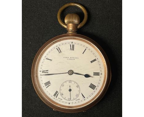 Gold Plated Pocket Watch with white enamel dial with Roman numerals and separate seconds dial. Marked John Russel, London alo