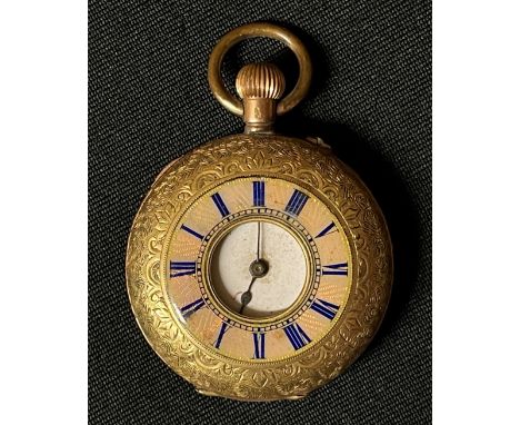 14ct Gold Ladies Fob Watch with cover with blue enamel Roman numerals and white enamel dial with Roman numerals 