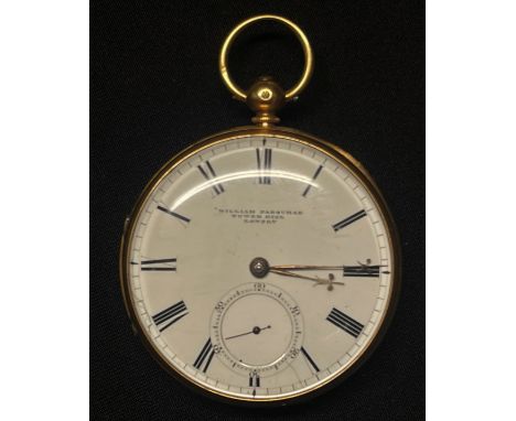 18ct Gold Pocket Watch by William Farquhar, Tower Hill, London. White enamel dial with Roman numerals, separate seconds dial 
