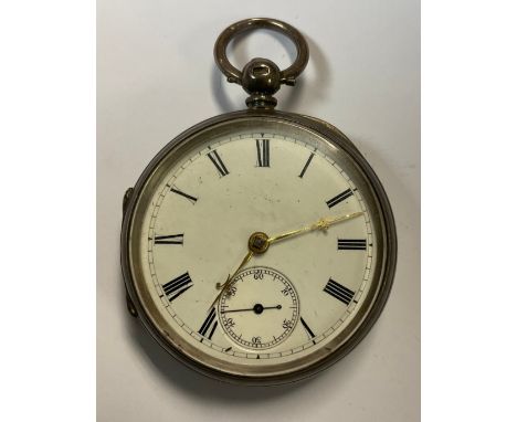 A Victorian silver open face pocket watch, white enamel dial, Roman numerals, subsidiary seconds dial, the engine turned case