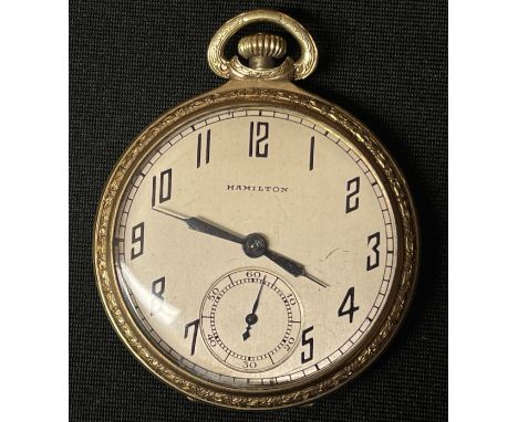 Hamilton 14ct Gold American Pocket watch with enamel dial with Arabic numerals, separate seconds dial. Runs and ticks would r