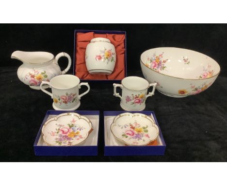 A Royal Crown Derby Posie pattern large, pair of two handled loving cups, large jug, ginger jar, boxed, trinket dishes; qty 