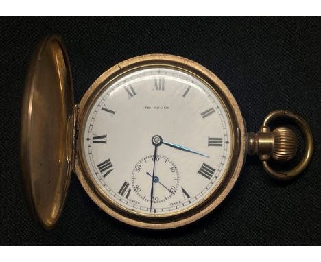 The Angus Gold Plated Swiss Pocket Watch with white enamel dial with Roman numerals, separate seconds dial. Cover engraved "F