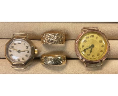 A 9ct gold ring, O/P, 2.6g; another 9ct gold ring, size K/L, 2.8g; a lady's 9ct gold watch, the interior marked 375, Chester 