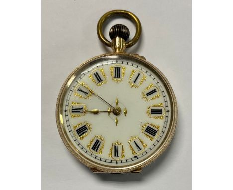 A lady's French 14k gold open face pocket watch, white enamel dial, Roman numerals, centre seconds, side winder, marked 14k, 