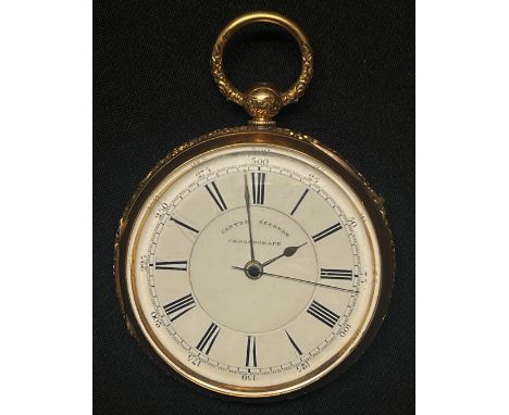 18ct Gold Centre Seconds Chronograph Pocket Watch by Josiah Marcuson of Birmingham. Serial number 85824. Hallmarked for Chest