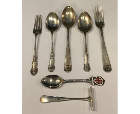 A silver fork and spoon set, Birmingham 1903; another, London 1898; a silver spoon and pusher set, Sheffield 1929; a silver a
