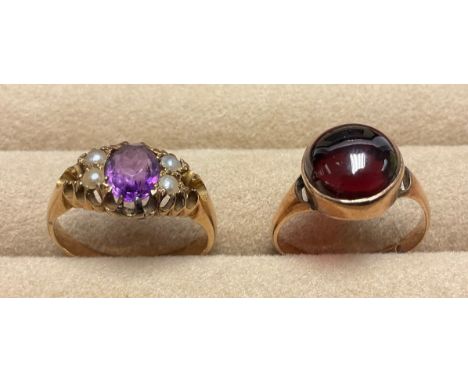 A 19th century 15ct gold amethyst and seed pearl ring, size M, 3.6g, boxed; a 9ct rose gold ring, set with a polished garnet 