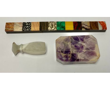 A rectangular desk rule form from panels of sample marble, 15cm long; a 19th century white agate desk seal, 5cm high; a cante