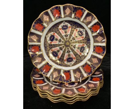 A set of five Royal Crown Derby 1128 pattern shaped circular dessert plates, first quality, 22cm, printed marks 