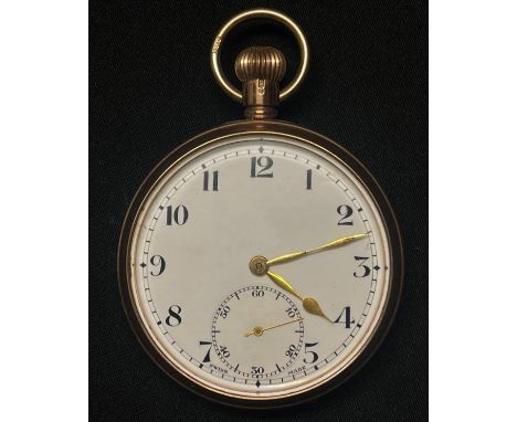 9ct Gold Open face Pocket Watch with white enamel dial with Arabic numerals, separate seconds dial, marked Swiss Made. Case m