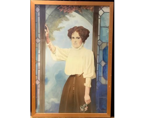 English School, mixed media on canvas, Posing for a portrait, a lady with flowers in hand, 146cm x 99.5cm