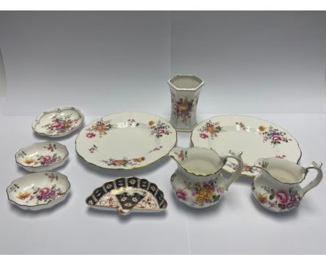 A Royal Crown Derby Posies pattern hexagonal vase, pair of side plates, two jugs, trinket dishes; a 2451 fan shaped trinket d