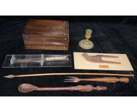 A Malaysian steel betel-nut cutter; a 19th century bone handled knife, geometrically decorated, steel blade, 26cm long, c.187