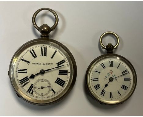 A late 19th century continental silver open face pocket watch, Kendal &amp; Dent, white enamel dial, Roman numerals, subsidia