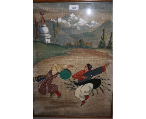 Japanese textile picture of figures in a landscape together with a modern Chinese print, portrait of a boy in a box frame