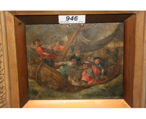 17th / 18th Century oil on copper panel, Christ with other figures in a boat, heavy gilt framed, 5ins x 6ins