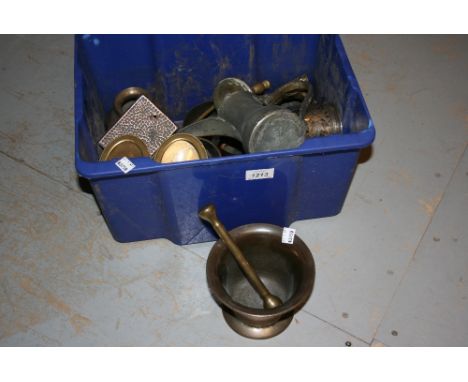 Antique bronze pestle and mortar together with a quantity of other metalware