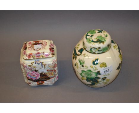 Large Masons green Chartreuse pattern ginger jar and a Peony pattern tea caddy for Fortnum and Mason