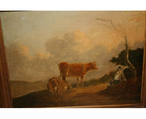 18th / 19th Century oil on oak panel, landscape with drover and cattle on a hillside, 8ins x 10ins