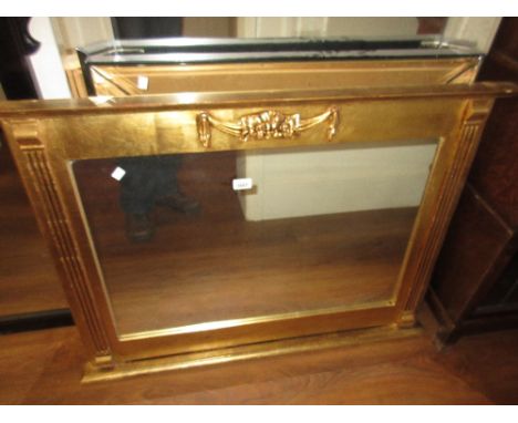 Reproduction gilt framed overmantel mirror, a rectangular Edwardian walnut mirror and a modern print with mirror frame