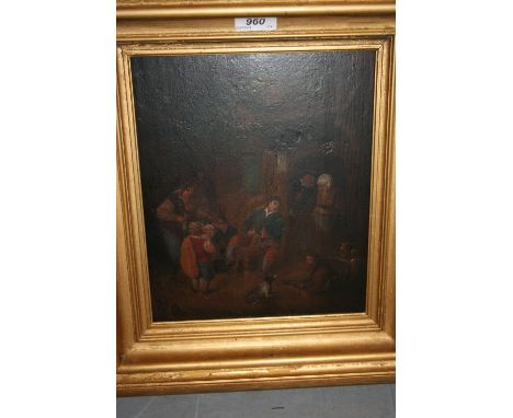 18th / 19th Century oil on oak panel, revellers by a tavern door, heavy gilt framed, 11ins x 9ins