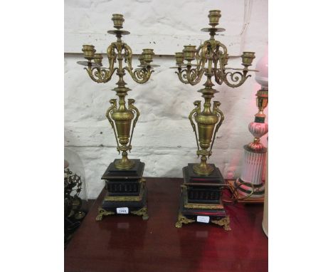 Pair of 19th Century French gilt brass and black slate five light candelabra