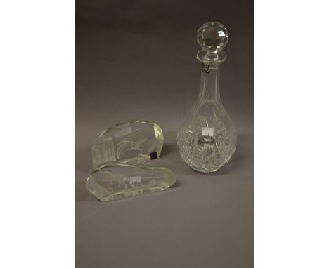 Thomas Webb cut glass decanter with stopper in original box, together with two Dartington crystal paperweights intaglio decor