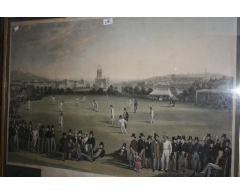 Large framed 19th Century coloured stipple engraving, ' The Cricket Match Between Sussex and Kent at Brighton ', engraved by 